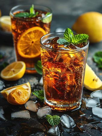 Cuba Libre or long island iced tea cocktail with strong drinks, cola, lime and ice in glass, cold longdrink or lemonadeの素材
