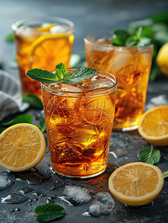 Cuba Libre or long island iced tea cocktail with strong drinks, cola, lime and ice in glass, cold longdrink or lemonadeの素材