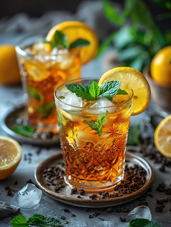 Cuba Libre or long island iced tea cocktail with strong drinks, cola, lime and ice in glass, cold longdrink or lemonadeの素材