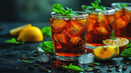 Cuba Libre or long island iced tea cocktail with strong drinks, cola, lime and ice in glass, cold longdrink or lemonadeの素材