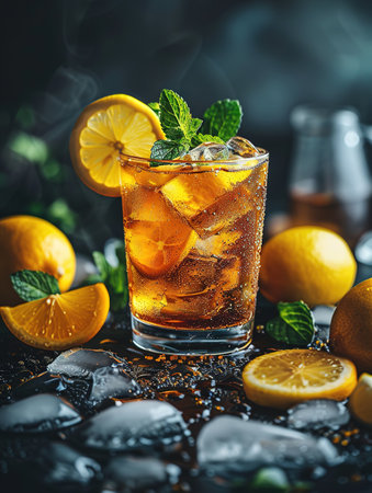 Cuba Libre or long island iced tea cocktail with strong drinks, cola, lime and ice in glass, cold longdrink or lemonadeの素材