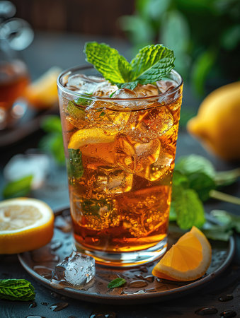 Cuba Libre or long island iced tea cocktail with strong drinks, cola, lime and ice in glass, cold longdrink or lemonadeの素材