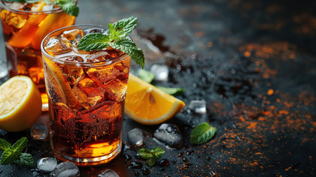 Cuba Libre or long island iced tea cocktail with strong drinks, cola, lime and ice in glass, cold longdrink or lemonadeの素材
