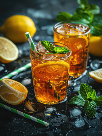 Cuba Libre or long island iced tea cocktail with strong drinks, cola, lime and ice in glass, cold longdrink or lemonadeの素材