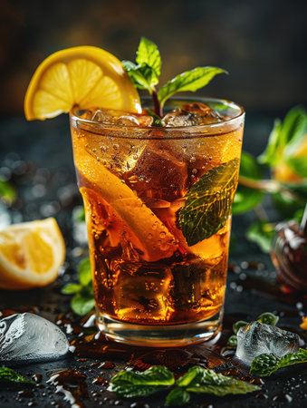 Cuba Libre or long island iced tea cocktail with strong drinks, cola, lime and ice in glass, cold longdrink or lemonadeの素材