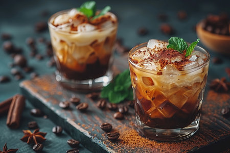 Ice coffee in a tall glass with cream poured over, ice cubes and beans on a dark concrete table. Cold summer drink with tubes on a black background with copy space.の素材