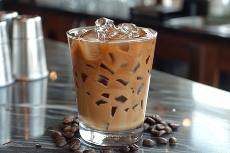 Ice coffee in a tall glass with cream poured over, ice cubes and beans on a dark concrete table. Cold summer drink with tubes on a black background with copy space.の素材