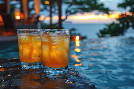 A refreshing cocktail next to a beautiful swimming pool.の素材
