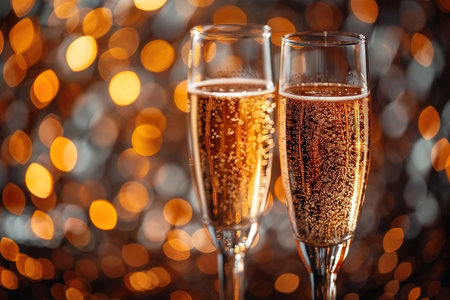 Two glasses of champagne toasting in the night with lights bokeh, glitter and sparks on the backgroundの素材