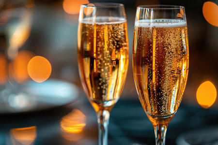 Two glasses of champagne toasting in the night with lights bokeh, glitter and sparks on the backgroundの素材