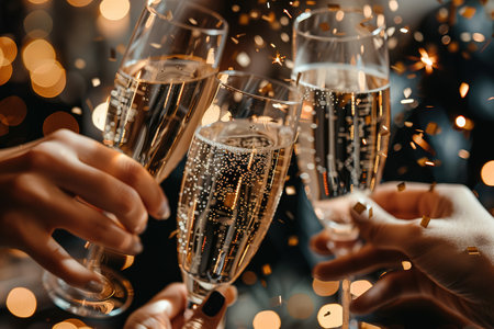 Success, people and dinner with toast, champagne and elegant team, party and celebration together. Friends, closeup and cheers for achievement, wine glasses and fine dining at gala event and luxuryの素材