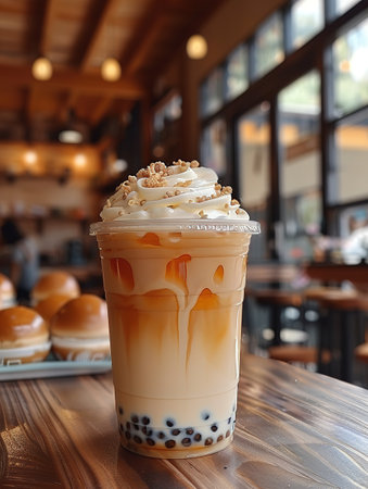 Bubble Tea. Glass of bubble tea. Yellow bubble tea. Taiwan milk tea with bubbles.の素材