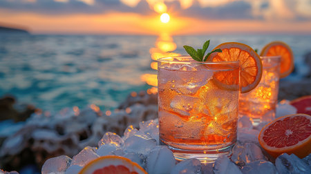 Various delicious cocktails on the bar counter against the background of the sea in the evening.の素材