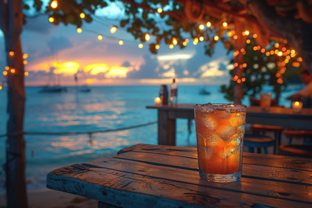 Various delicious cocktails on the bar counter against the background of the sea in the evening.の素材