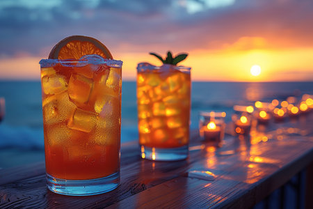 Various delicious cocktails on the bar counter against the background of the sea in the evening.の素材
