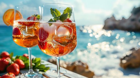 Various delicious cocktails on the bar counter against the background of the sea in the evening.の素材