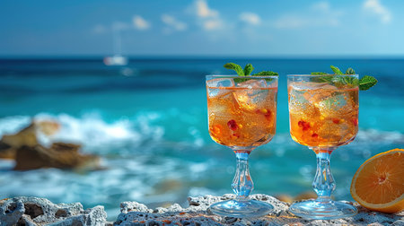 Various delicious cocktails on the bar counter against the background of the sea in the evening.の素材