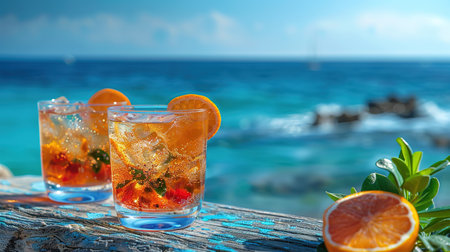 Various delicious cocktails on the bar counter against the background of the sea in the evening.の素材