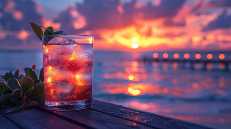 Various delicious cocktails on the bar counter against the background of the sea in the evening.の素材