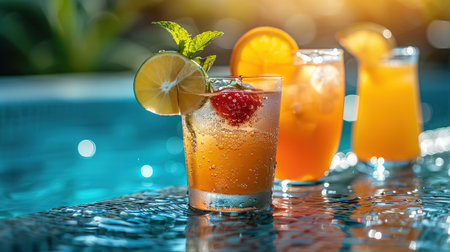 Assorted fresh cocktails at the poolside outdoors, nobody.の素材
