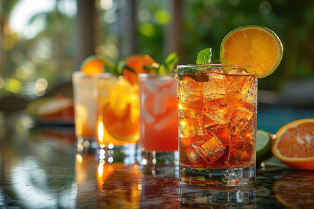 Assorted fresh cocktails at the poolside outdoors, nobody.の素材