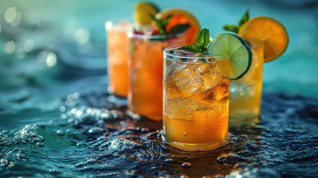 Assorted fresh cocktails at the poolside outdoors, nobody.の素材