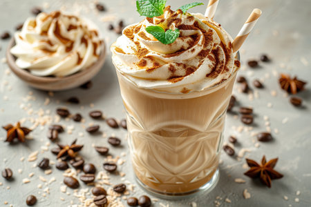 Ice coffee in a tall glass with cream poured over, ice cubes and beans on a dark concrete table. Cold summer drink with tubes on a black background with copy space.の素材