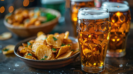 Beer and snacks set on football match tv background.の素材