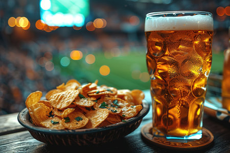 Traditional sport stadium foods and beer background, Set of various baseball, basketball, football fans and stadium snacks, chips, sauces, hot dogs with beer bottles and fan accessoriesの素材