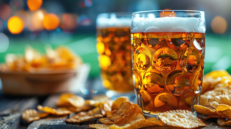 Traditional sport stadium foods and beer background, Set of various baseball, basketball, football fans and stadium snacks, chips, sauces, hot dogs with beer bottles and fan accessoriesの素材