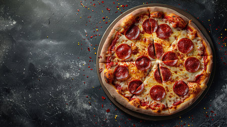 Tasty pepperoni pizza and cooking ingredients tomatoes basil on black concrete background. Top view of hot pepperoni pizza. With copy space for text. Flat layの素材
