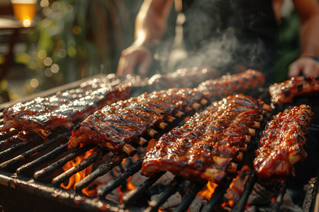 Marinated spicy pork ribs grilling on a bbq fire amongst the hot flames outdoors in a panorama banner with copy spaceの素材