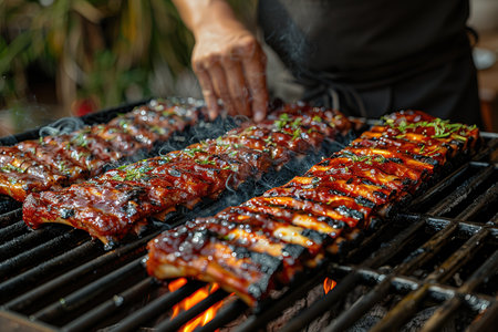 Marinated spicy pork ribs grilling on a bbq fire amongst the hot flames outdoors in a panorama banner with copy spaceの素材
