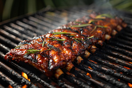 Marinated spicy pork ribs grilling on a bbq fire amongst the hot flames outdoors in a panorama banner with copy spaceの素材