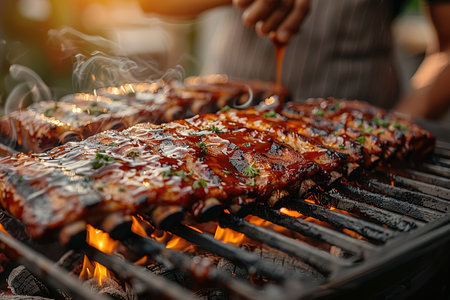 Marinated spicy pork ribs grilling on a bbq fire amongst the hot flames outdoors in a panorama banner with copy spaceの素材
