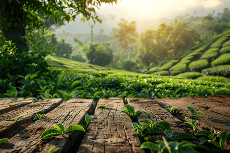 Empty rustic table in front of tea plantation landscape at sunrise. product display and concept.の素材