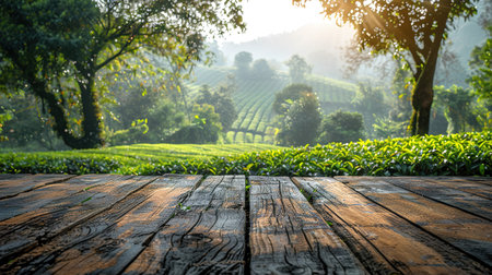 Empty rustic table in front of tea plantation landscape at sunrise. product display and concept.の素材