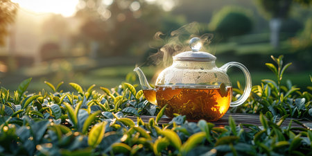 Warm cup of tea with teapot, green tea leaves on the wooden desk at morning in plantations with long banner background empty space for text,Organic product from the nature for healthy with traditionalの素材