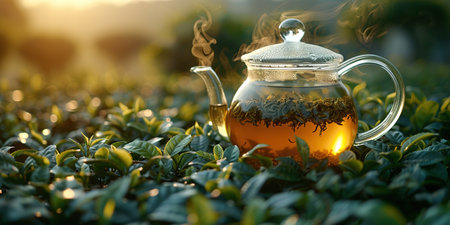 Warm cup of tea with teapot, green tea leaves on the wooden desk at morning in plantations with long banner background empty space for text,Organic product from the nature for healthy with traditionalの素材