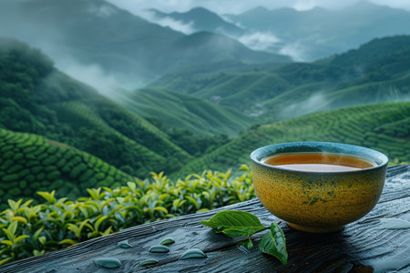 Cup of hot tea and leaf on the wooden table with the tea plantations background.の素材