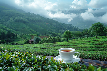 Cup of hot tea and leaf on the wooden table with the tea plantations background.の素材