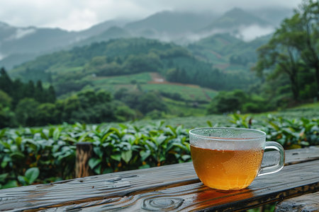 Cup of hot tea and leaf on the wooden table with the tea plantations background.の素材