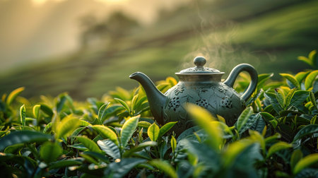 Warm cup of tea with teapot, green tea leaves on the wooden desk at morning in plantations with long banner background empty space for text,Organic product from the nature for healthy with traditionalの素材