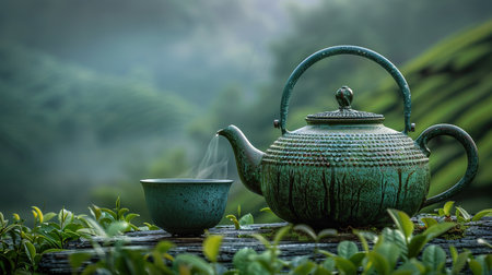 Warm cup of tea with teapot, green tea leaves on the wooden desk at morning in plantations with long banner background empty space for text,Organic product from the nature for healthy with traditionalの素材
