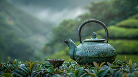 Warm cup of tea with teapot, green tea leaves on the wooden desk at morning in plantations with long banner background empty space for text,Organic product from the nature for healthy with traditionalの素材