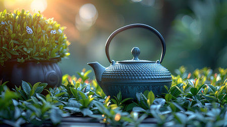 Warm cup of tea with teapot, green tea leaves on the wooden desk at morning in plantations with long banner background empty space for text,Organic product from the nature for healthy with traditionalの素材