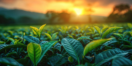 Green tea leaves in a tea plantation in morning, Tea plantations at dawn.の素材