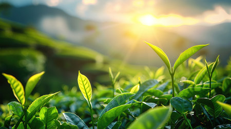 Green tea leaves in a tea plantation in morning, Tea plantations at dawn.の素材