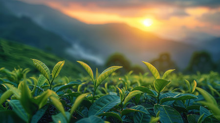 Green tea leaves in a tea plantation in morning, Tea plantations at dawn.の素材