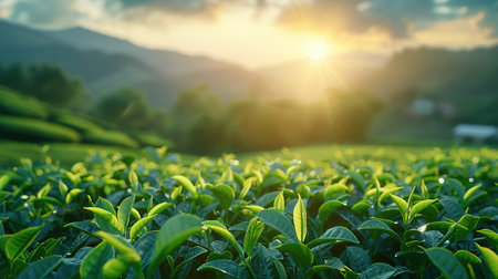 Green tea leaves in a tea plantation in morning, Tea plantations at dawn.の素材